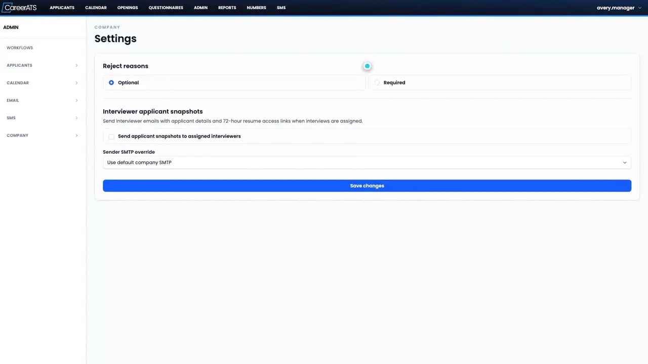 CareerATS administration workspace for configuring hiring tools